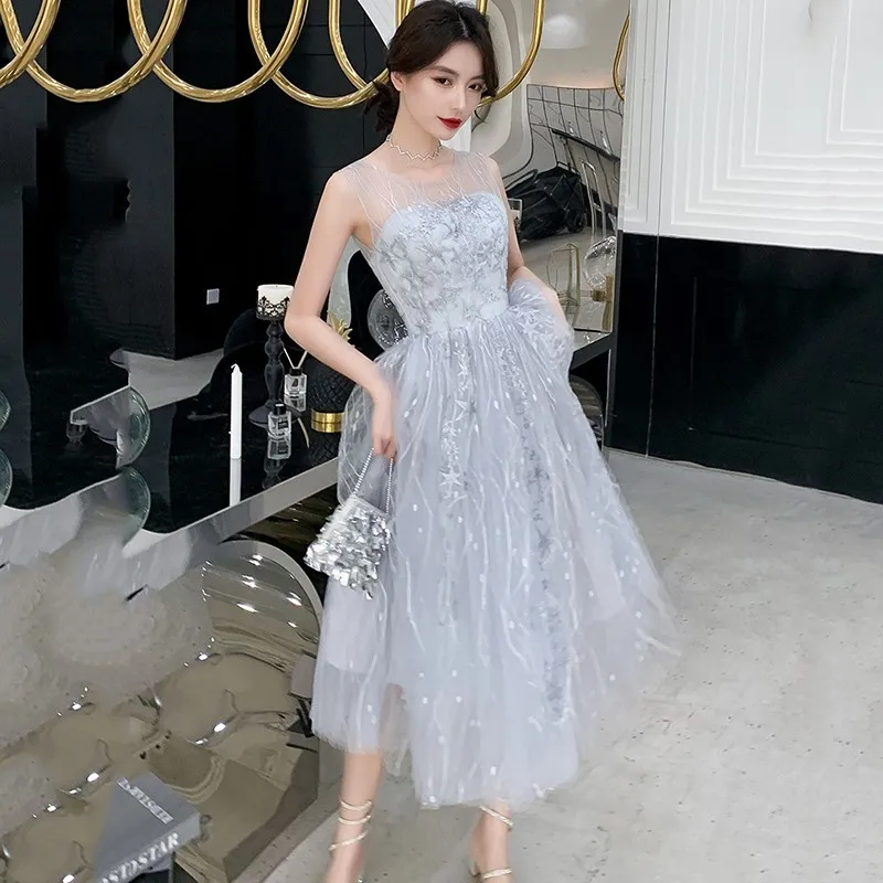 

Star Appliques Bling Banquet Party Dress Gown Perspective Collar Sleeveless Cheongsam Gray Pleated Qipao Zipper Elegant Vestidos