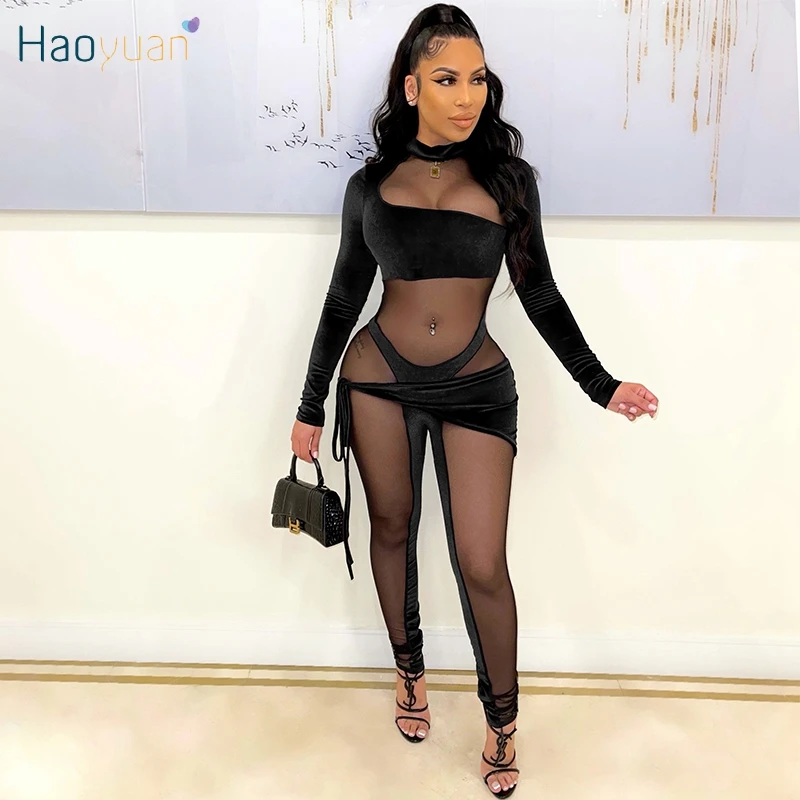 

HAOYUAN Sexy Mesh Sheer Bodycon Jumpsuit Long Sleeve Patchwork Women Fall Clothes Irregular Bandage Romper One Piece Club Outfit