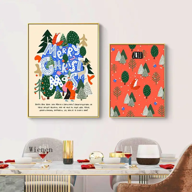 

2021 Merry Christmas Decor Wall Art Canvas Painting Cartoon Animal Poster Print Pictures for Home Club Office Christmas Gift