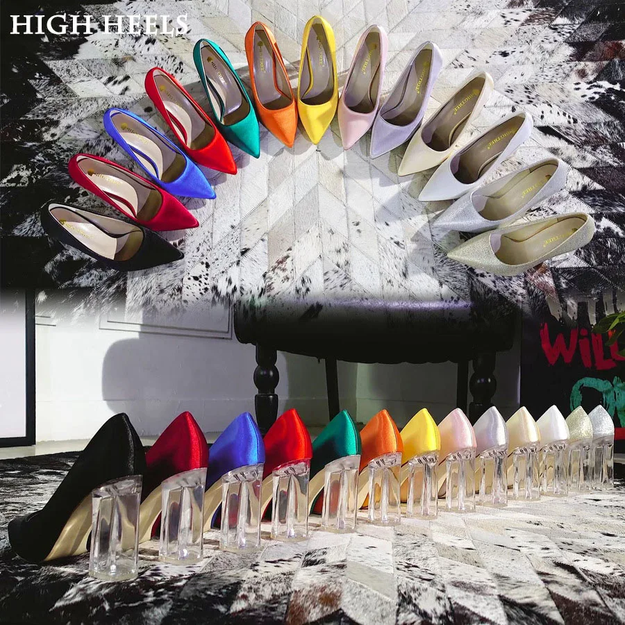 

Туфли женские атласные на высоком каблуке-шпильке, пикантные тонкие однотонные туфли с открытым носком, Классические ботинки на высоком ка...
