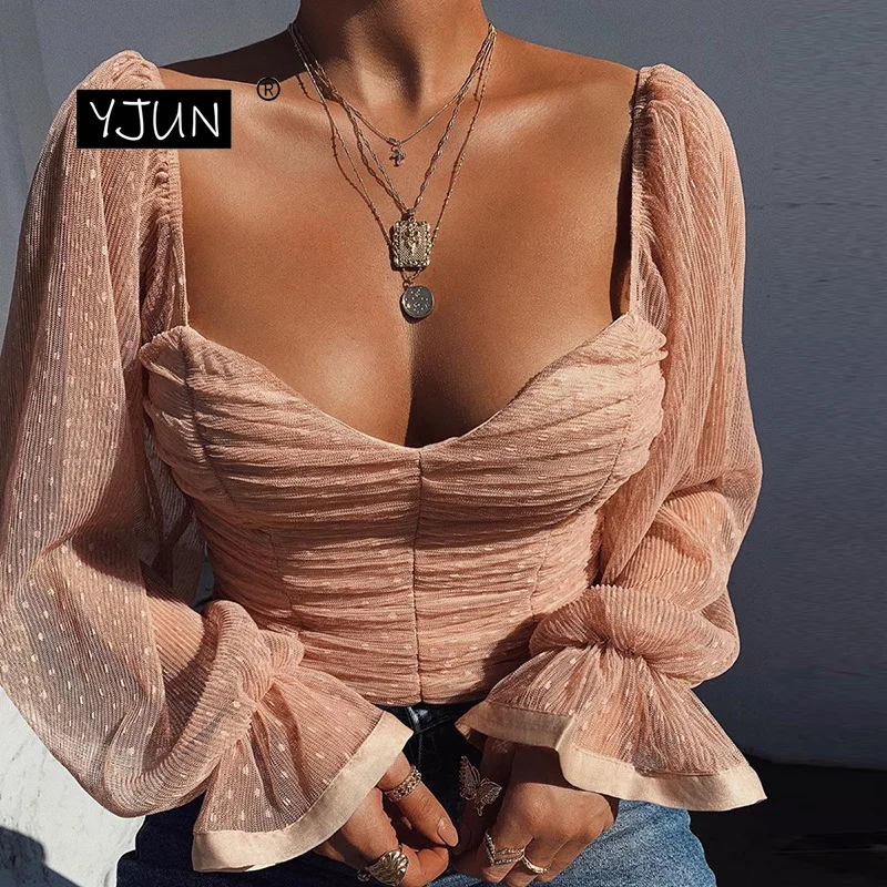 Сексуальные укороченные топы в горошек женская прозрачная короткая шифоновая