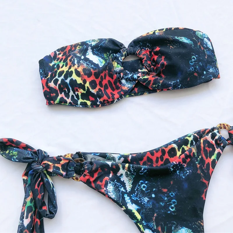 COOBBU Bandeau Bikini Leopard Swimsuit Women Swimming Suit Ring Swimwear Female Micro Knot Bathing Sexy Two Pieces Set | Женская одежда