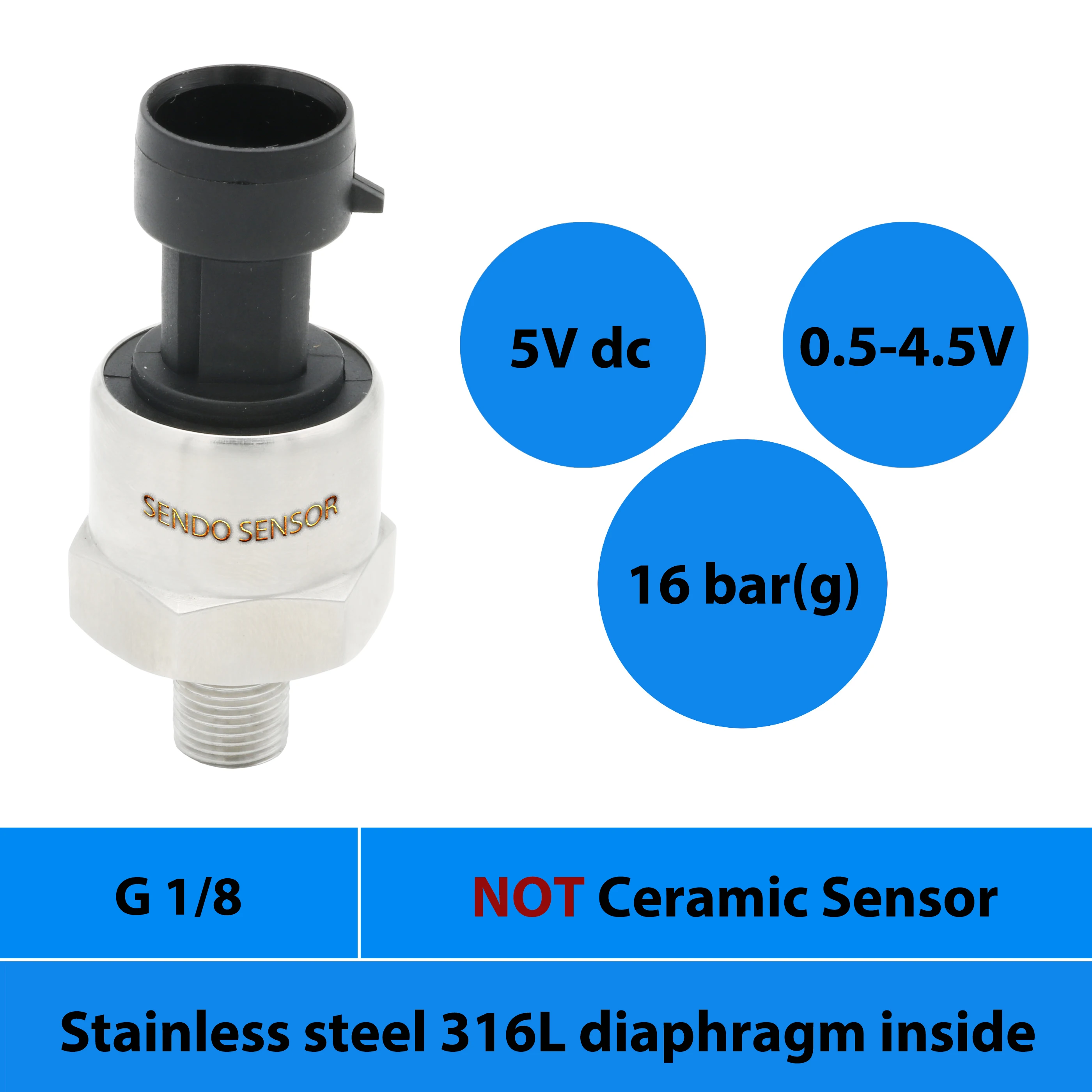 0.5 4.5V signal high performance pressure transducer 0 1.6 mpa 16 bar gauge 5Vdc supply G1 8 thread AISI 316L diaphragm | Инструменты