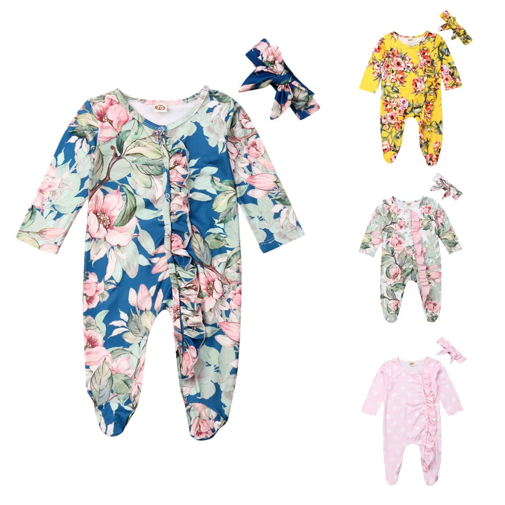 Одежда для новорожденных; для маленьких девочек осенняя одежда с цветочным узором и длинными рукавами для девочек Комбинезон комбинезон, костюм с повязкой на голову, комплект одежды для сна из 2 предметов, комплекты одежды на возраст от 0 до 18 месяцев