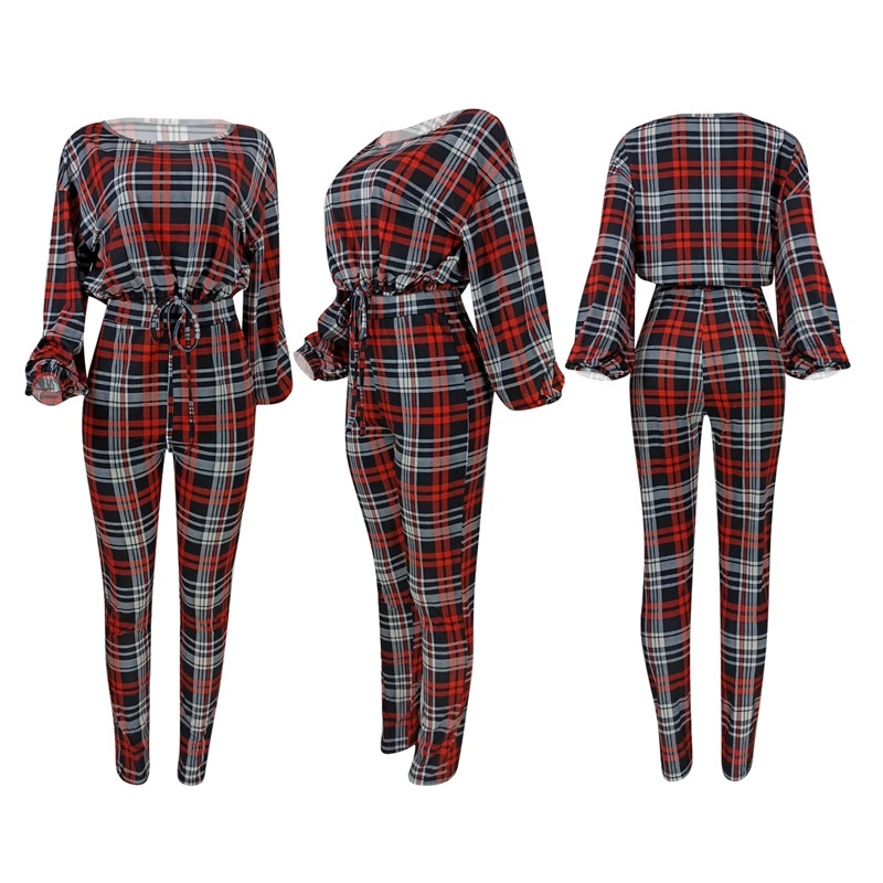 

ZKYZWX Sexy Plaid 2 Piece Set Women Festival Clothes Long Sleeve Crop Top and Pant Suits Birthday Club Outfits Matching Sets