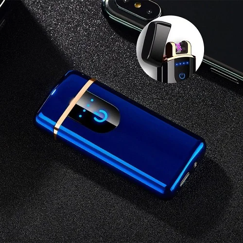 Синий Smart Touch сенсор USB перезаряжаемая двойная дуга беспламенная плазменная электрическая зажигалка датчик отпечатков пальцев Светодиодный дисплей питания - Цвет: Синий