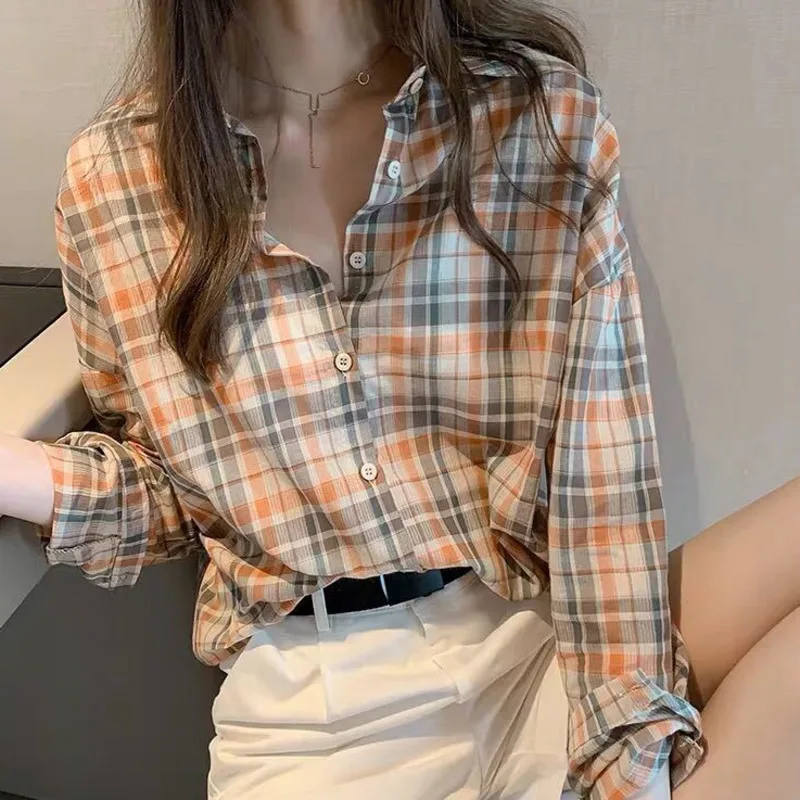 Блузка XFPV Женская в клетку шикарная свободная однобортная рубашка с длинным