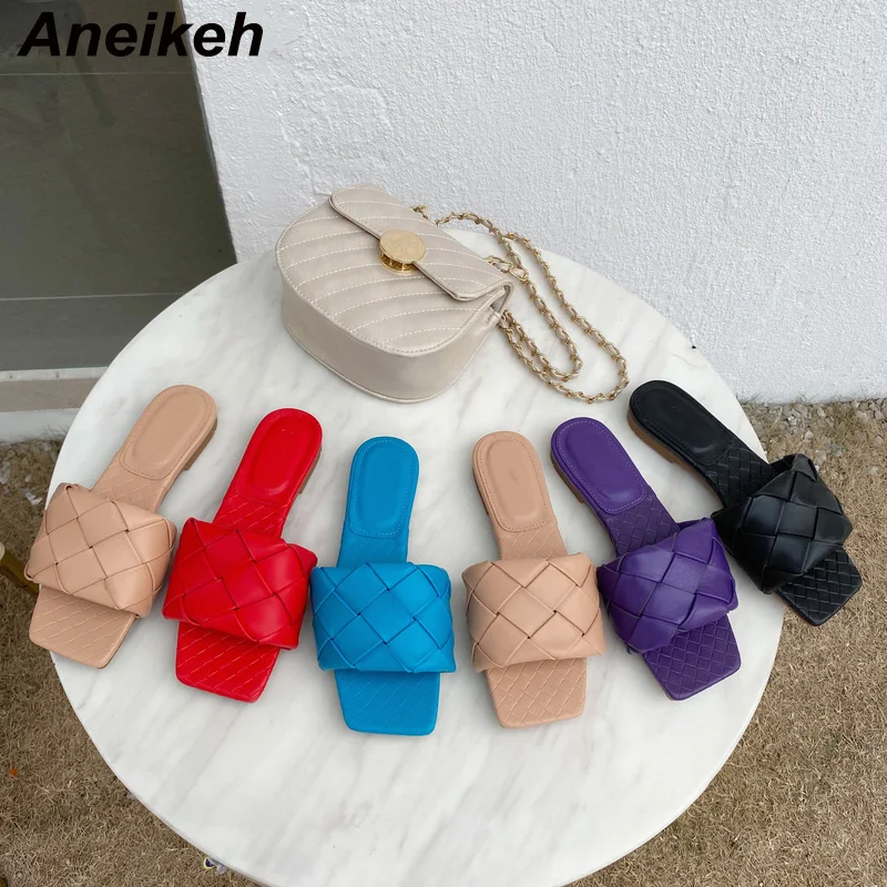 

Aneikeh 2021 Fashion Handmade Weave Slippers Square Toe Women Slipper Casual Flat Shoes Summer Sandals Ladies Mules Sexy Slides