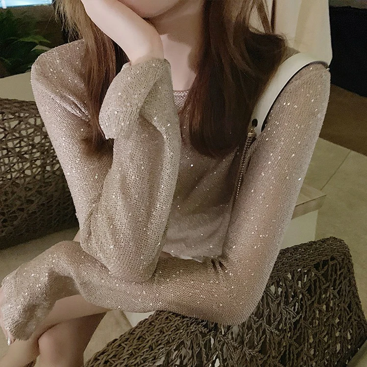 Рубашка Cakucool Женская трикотажная с блестками Базовый Топ длинным рукавом