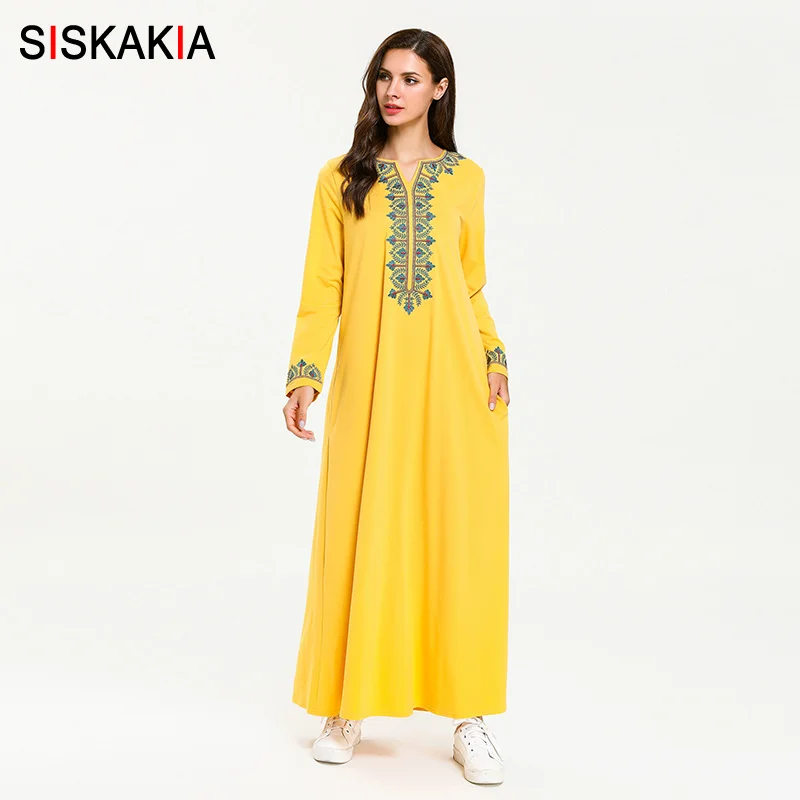Yellow dress 2 Siskakia, Цветочная вышивка, этническое длинное платье, элегантное, длинный рукав, макси платья размера плюс, повседневная женская одежда, осень, новое красное - Цвет: Yellow dress 2