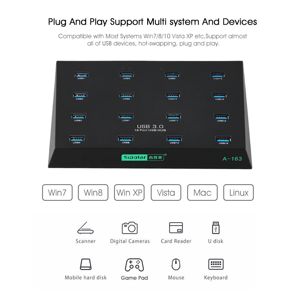 Sipar 16 портов USB 3,0 Дубликатор концентратор с 5V5A адаптер питания 5 Гбит/с передача данных светодиодный светильник для HW 3g модемов USB диск A-163