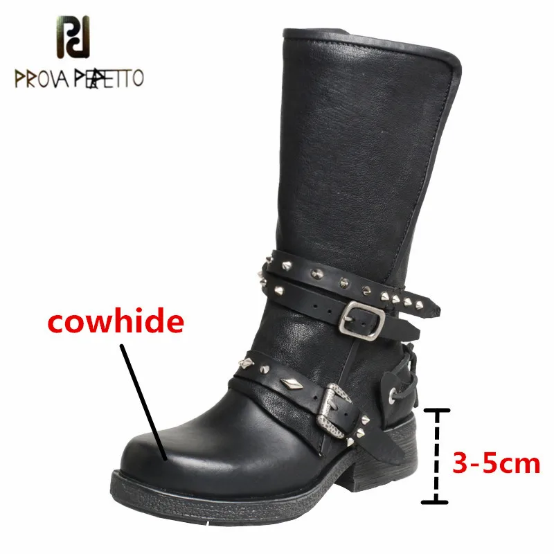 

Prova Perfetto High Quality Genuine Leather Rivet Women's Mid-calf Boots Solid Color Square Toe Buckle Strap Thick Bottom Boots