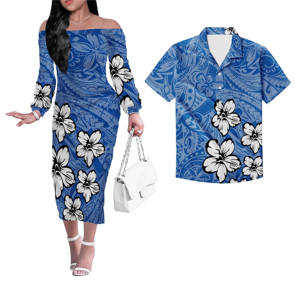 Polynesian Tribal Design Half Shoulder Dresses And Men's Shirts Puletasi Summer Beach Couple Travel Outfit Blue Printing New