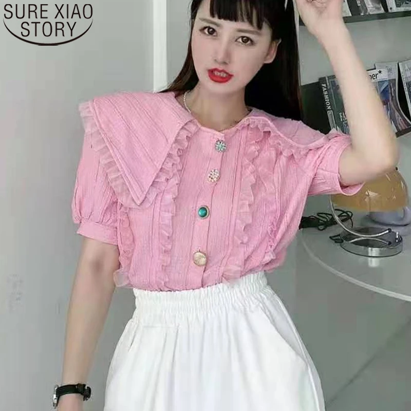 

Sweet Puff Sleeve Top Shirt Causal Pink Blouse Women Tops 2023 New Summer Korean Doll Collar Ruffles Blouses Blusa Mujer 14875