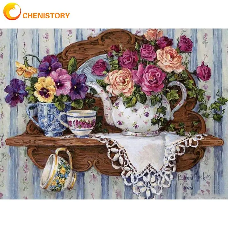 

CHENISTORY 5D Diamond Embroidery Teapot Picture Of Rhinestone Diamond Painting Flowers Full Square Drill Diamond Mosaic Home Dec