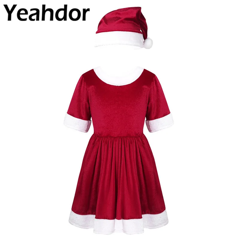 Детское бархатное красное рождественское платье с короткими рукавами