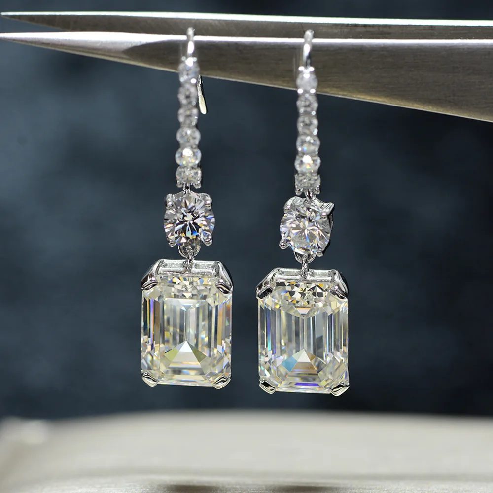 

925 Sterling Silver Tassel Ear Hooks 8*11MM Emerald Cut Very Shiny High Carbon Simulation Diamond Earrings Ladies Gifts