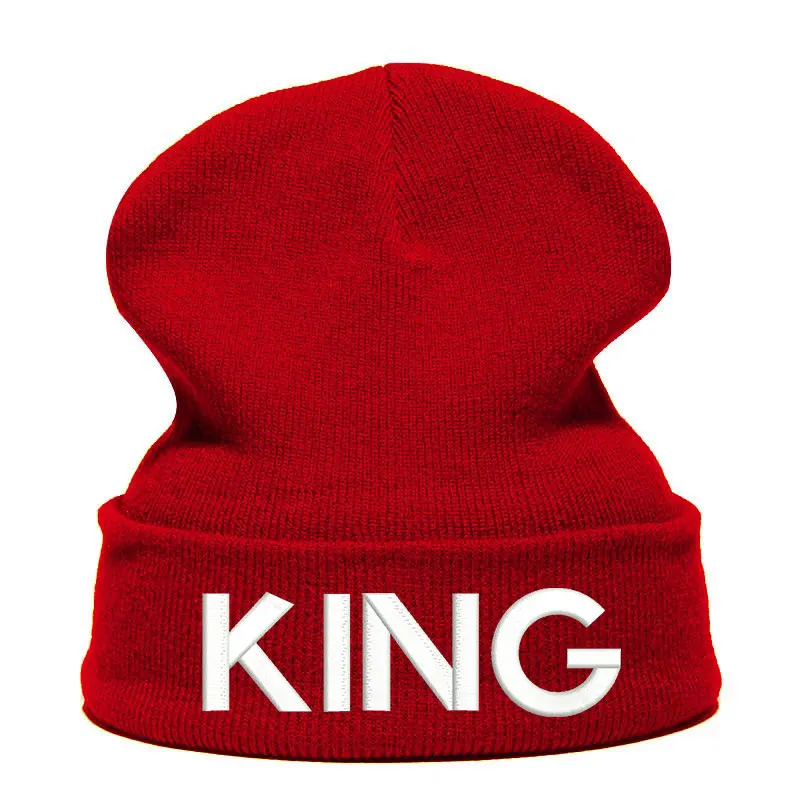 King Letter Beanie Hat Skullie шапка, вязаная шапка-носок зимняя Осенняя вязаная вышивка Кепка в стиле хип-хоп Мужская и женская Подростковая Кепка для уличных танцев черная - Цвет: wine white
