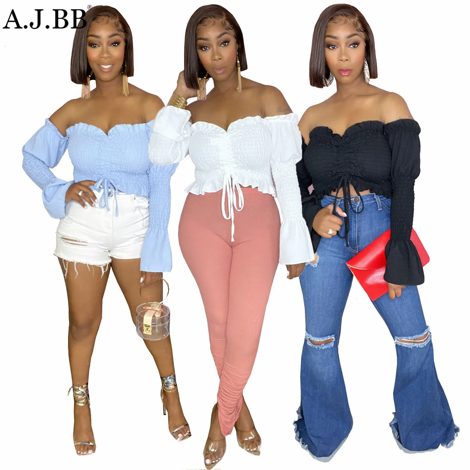 

2021 Summer Shirts Women New Fashion Pure Color Casual Shirt Loose Strapless Long Sleeve Ladies Top