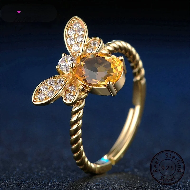 

925 Sterling Silver Ring Natural Citrine Stone Jewelry Fashion Small Bee Gold-plated Gemstone Rings for Women Gift Wholesale