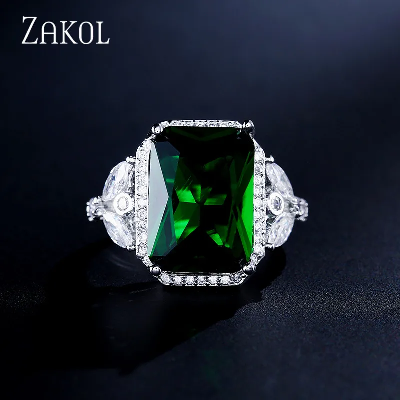 ZAKOL Новое поступление модное Большое Квадратное кольцо с зеленым кубическим