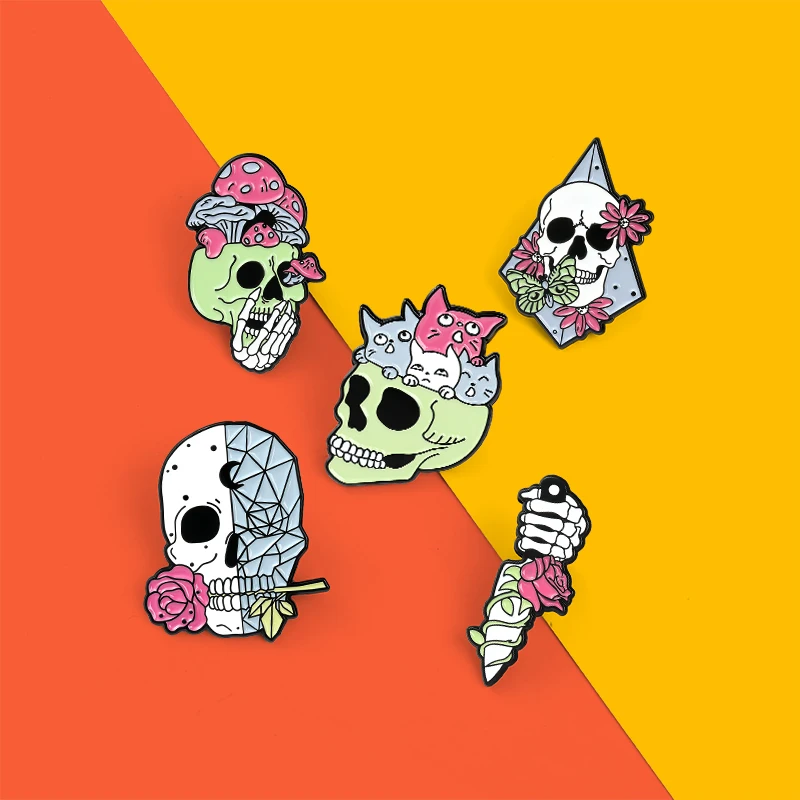 

Happy Halloween Skeleton Enamel Pin Badge Rose Mushroom Brooches For Men Women Punk Gothic Lapel Pin Hat Jewelry Gifts Wholesale