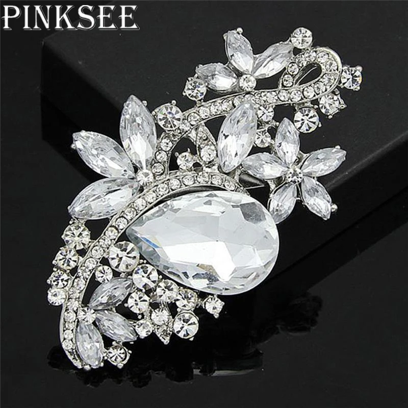 

Pinksee Exquisite Charm Large Size Crystal Flower Brooches for Women Rhinestone Bouquet Wedding Accessories Lapel Pins