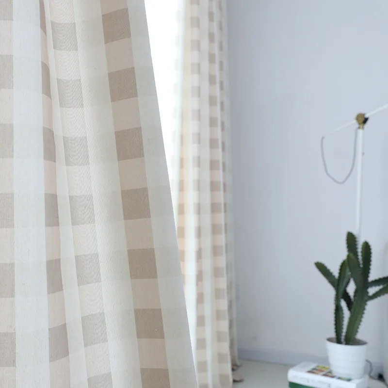 

Korean Pastoral Fresh Coffee Color Pink Lattice Curtains Simple Blackout Curtains for Living Room and Bedroom