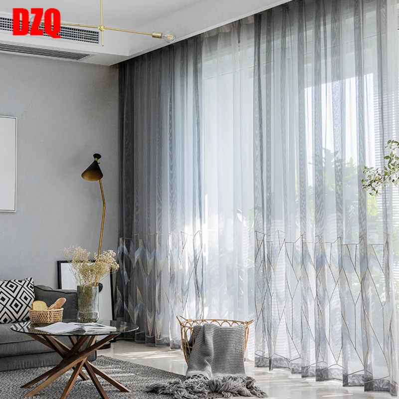 

Grey Gold Geometric Tulle Curtain for Bedroom Nordic Embroidered Delicate Translucent Balcony Window Treatment Tenda zh055C