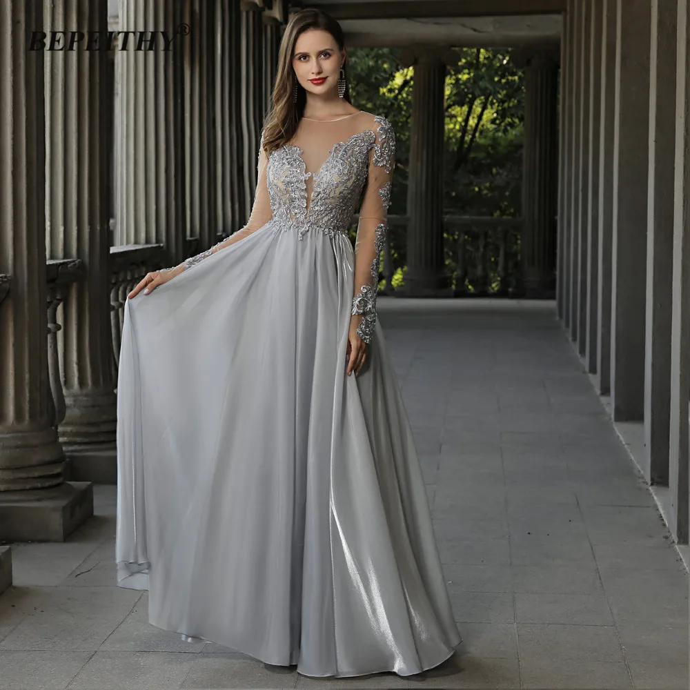 

BEPEITHY O Neck Long Sleeves Sliver Lace Evening Dress Party Dresses For Women A Line Floor Length Spring Elegant Prom Gown 2022