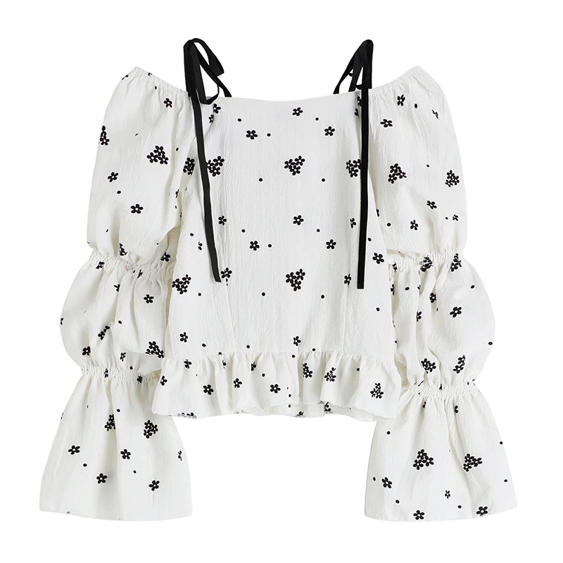 Женская блузка с открытыми плечами пикантная рубашка цветочным принтом на