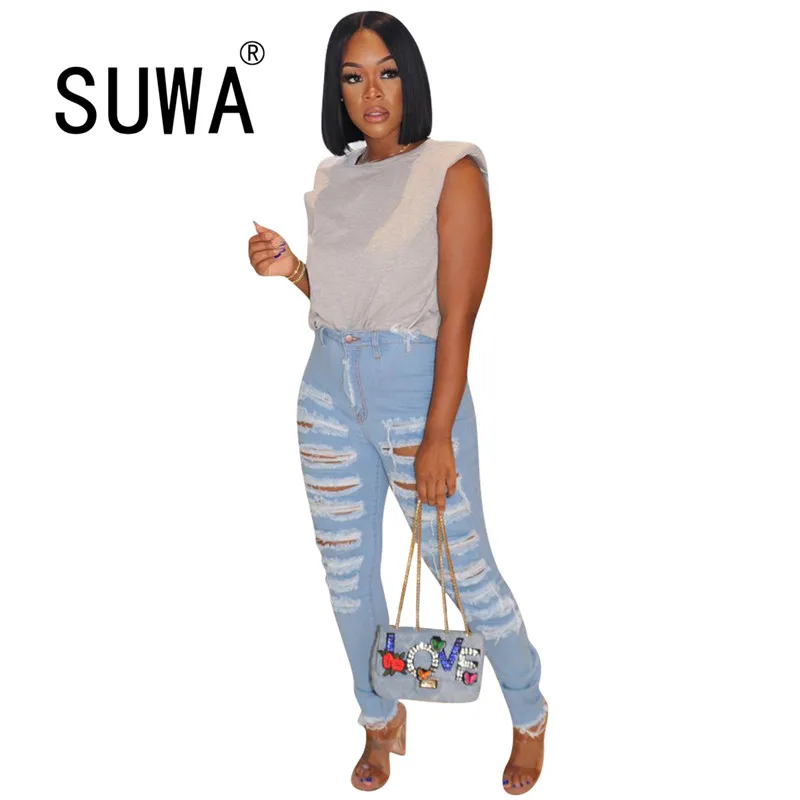 

Blue Classic Fashion Hole Pants Jeans Women Fall 2021 Hot Recommend Style High Waist Denim Patchwork Trousers Sexy Club Outfits