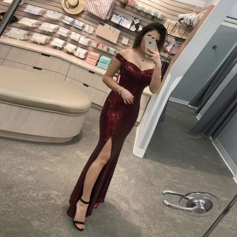 

Sexy Burgundy Sequined Mermaid Evening Dresses Off The Shoulder Sweetheart Side Slit Floor Length Prom Dress Robe De Soiree