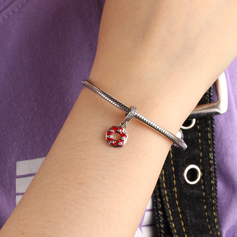 

New Classic Retro Charms 925 Sterling Silver Red Donut Cute Trinkets Beads For Bracelet Pendants DIY Fine Women Jewelry Making