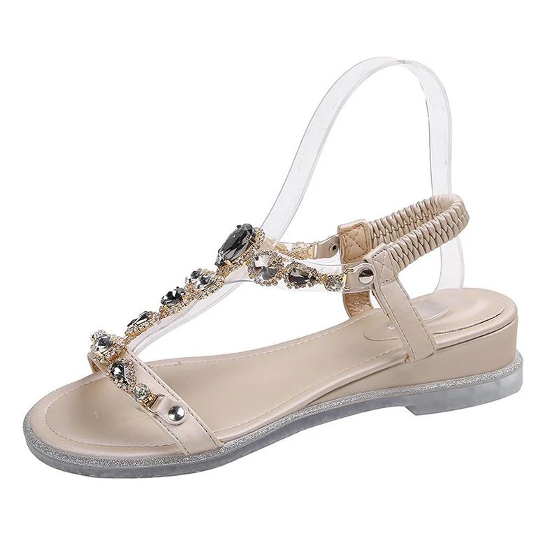 

2021 Women Slip On Crystal Rhinestone Sandals Fashion Beige Casual Summer Wedge Sandals Ladies Transparent Designer Beach Shoes