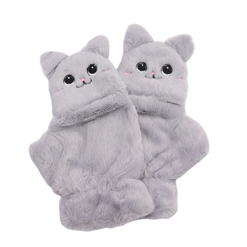 

Winter Warm Soft Rabbit Fur Knit Mittens Women Flip Half Finger Driving Gloves Plush Thick Cute Cat Touch Screen Gloves