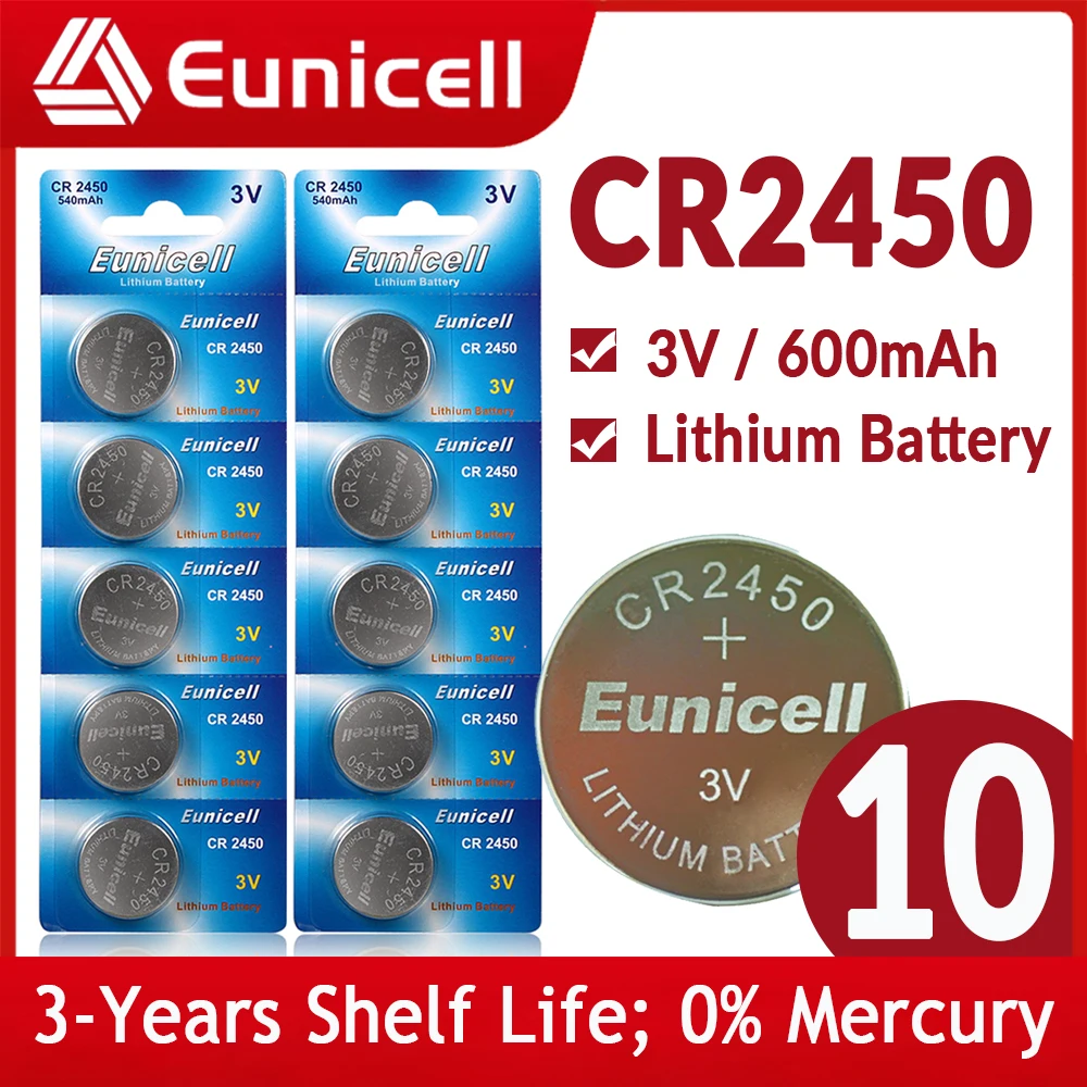 

Eunicell 10PCS CR2450 3V Watch Battery KCR2450 5029LC LM2450 DL2450 ECR2450 BR2450 CR 2450 600mAh Lithium Coin Cell Batteries