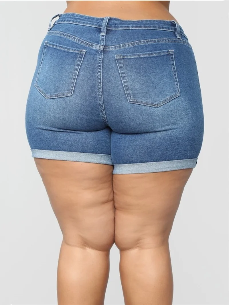 

European and American Fat Girl Large Size Mid-waist Ladies Denim Shorts Summer Solid Color Fashion Tight Pocket Pants 2021