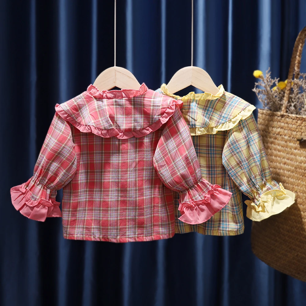 Клетчатая блузка для маленьких девочек с кукольным воротником мягкая хлопковая