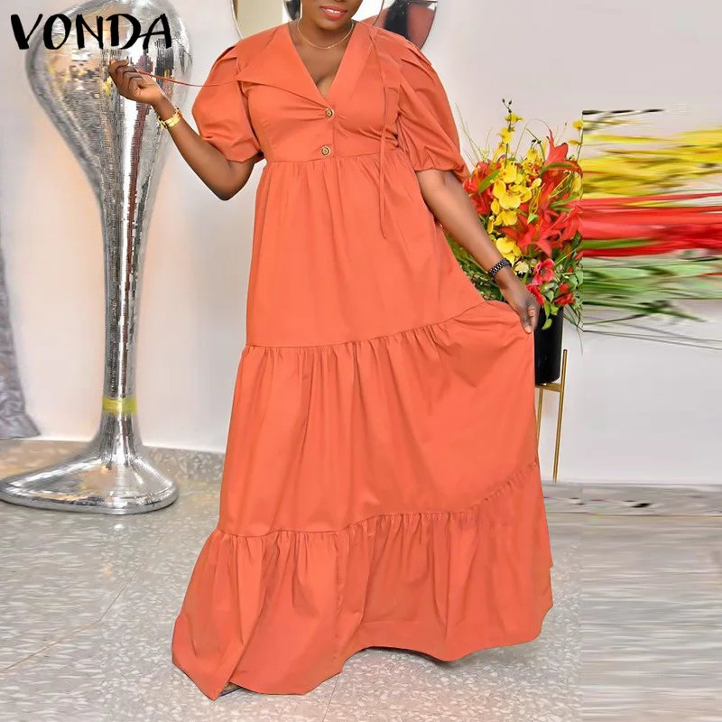 

Summer Party Dress 2021 VONDA Women Casual Short Sleeve Holiday Maxi Dresses Ladies Button Up A-line Vestidos Oversize Robe