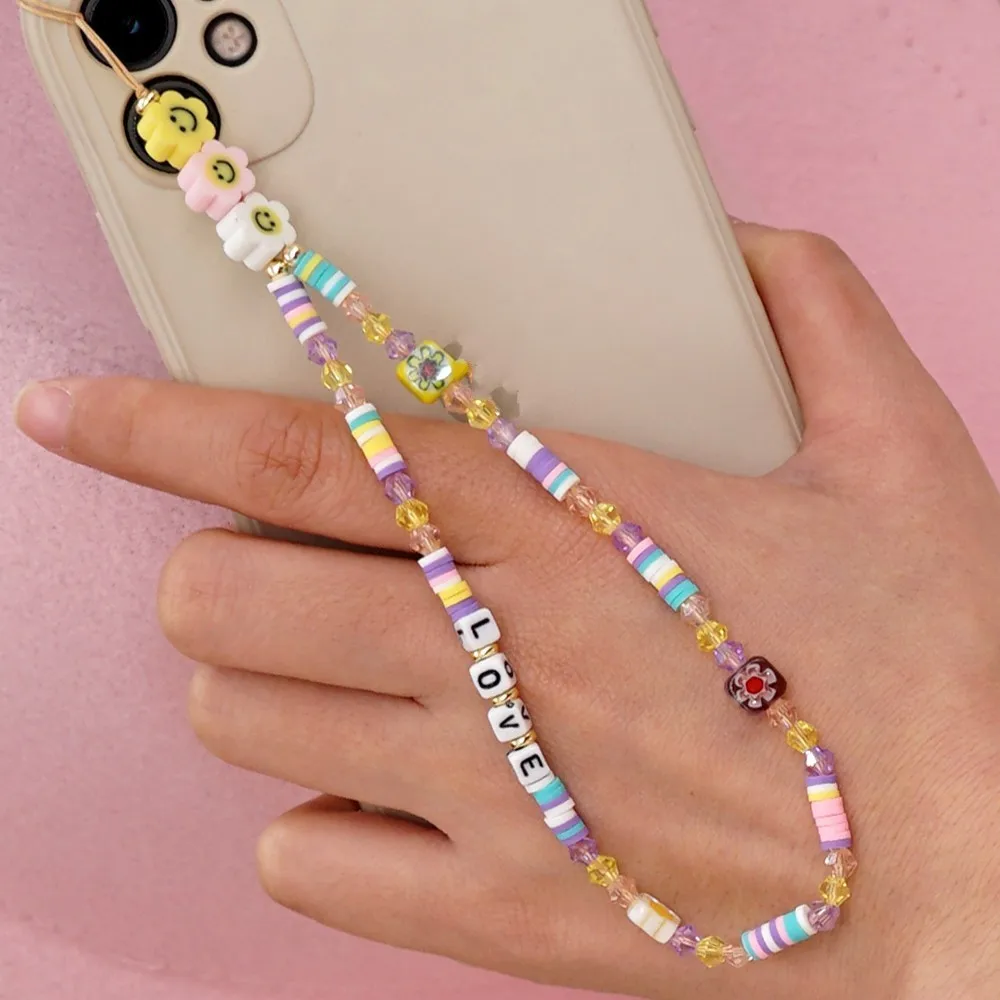 

Colored Clay Soft Ceramic Mobile Phone Lanyard LOVE Letter Beads Pendant Key Chains Keychain Mobile Phone Ornaments