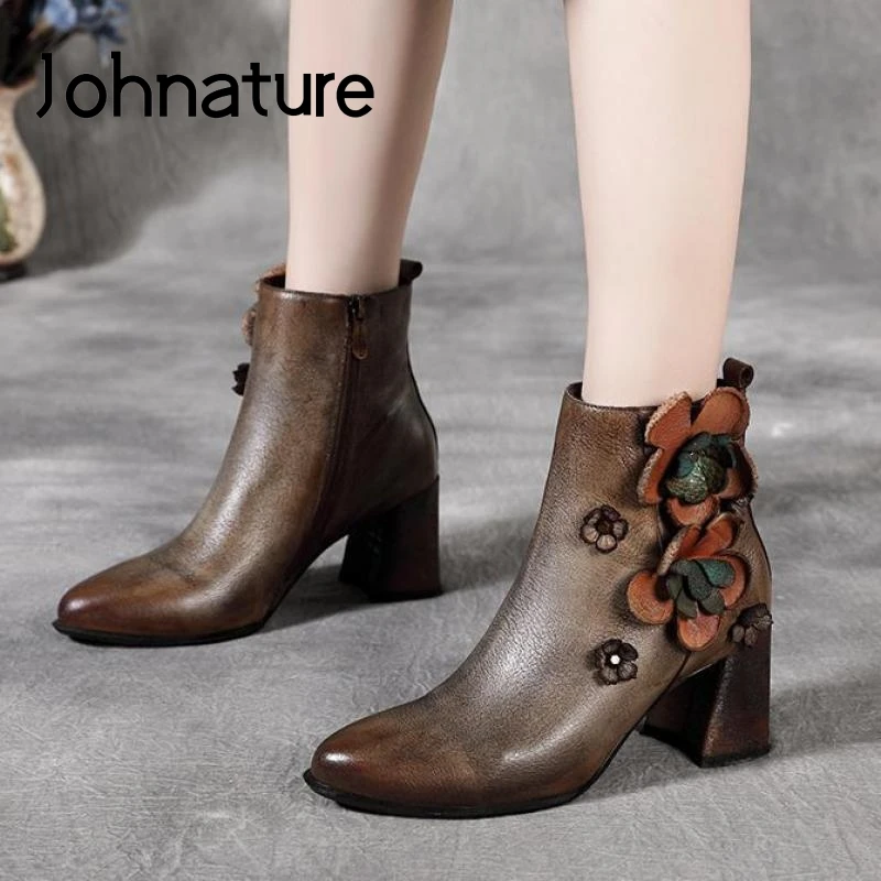

Женские ботильоны из натуральной кожи Johnature, ботинки на платформе с острым носком и цветочной застежкой-молнией для зимы, 2021