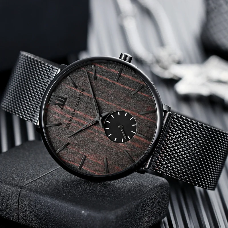 Men's Watches Fashion New Desig Cherry Wood Ebony Dial Stainless Steel Mesh Quartz Wristwatches Mens Watch for Men Montre Homme