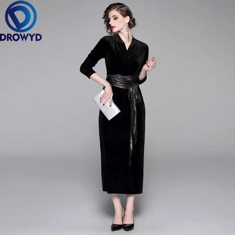 

Elegant Velvet Midi Dress for Women Autumn and Winter Casual Boho Long Sleeves Fuchsia Dress Vintage Club Party Dresses Vestidos