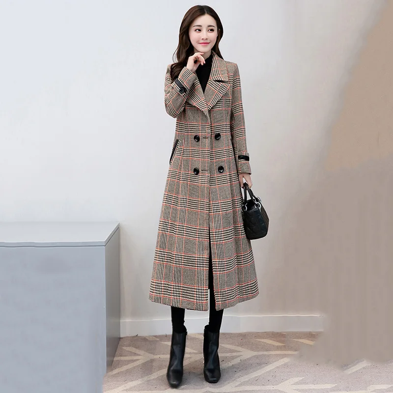 

Женское шерстяное пальто средней длины, осенне-зимнее корейское шерстяное пальто в клетку, женская модная кашемировая верхняя одежда, E254, ...