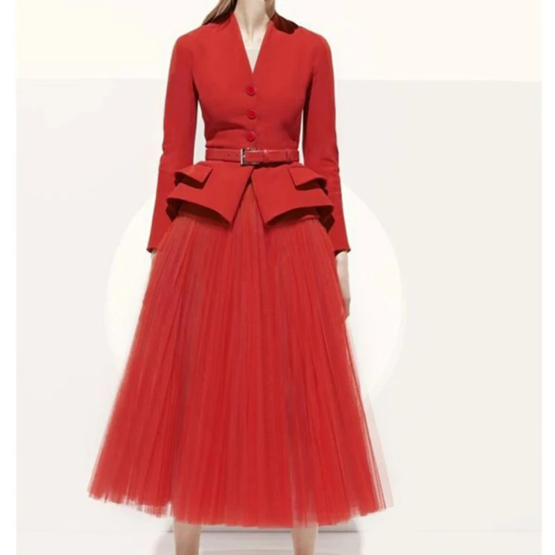 

2020 Winter New Style Sexy V-Neck Belt Long-Sleeved Suit Jacket Elastic Tulle Big Hem Half Skirt Women Suit High Quality Fashion