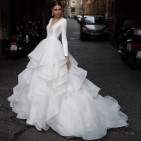 luxury a line soft satin fabric wedding dresses long sleeve v neck charming french gowns delicate layered chiffon ruffle