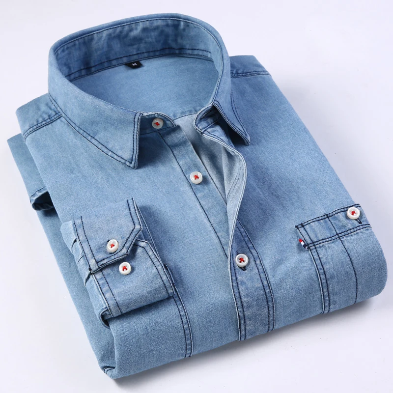 

Mens Regular-fit Long-Sleeve Denim Work Shirt Two Button Front Chest Pockets & Pencil Slot Rugged Wear Thin Casual Cotton Shirts