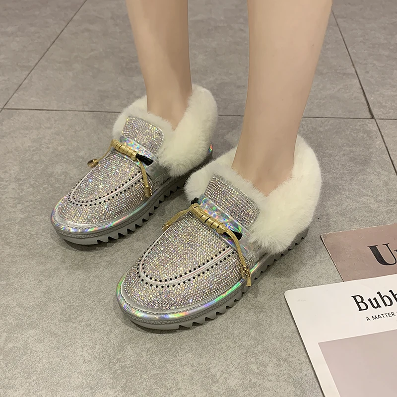 Lucyever/модные женские зимние ботинки с кристаллами женская зимняя обувь хлопковой