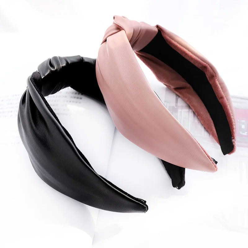 

Korean New Headband Fashion Solid PU Leather Middle Knot Headdress Hairbands Women Girls Hair Hoops Hair Accessories